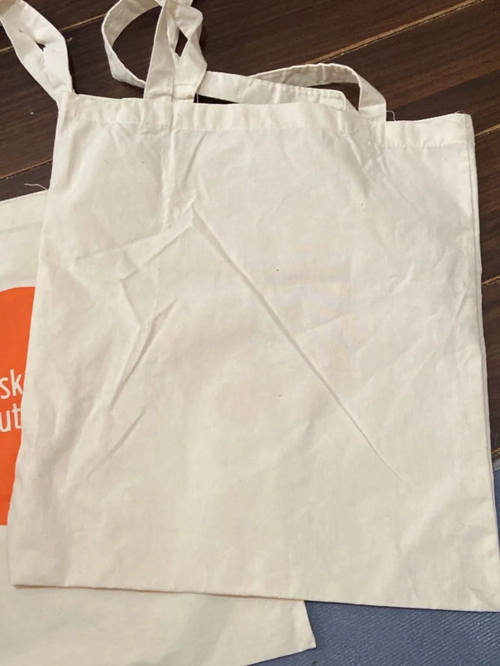 Canvas /Cotton Tote Bag in Natural with Navy Handles 14.5 x 16”
